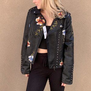 NWT Aier Basic Black Embroidered Flowers Leather Moto Jacket XL